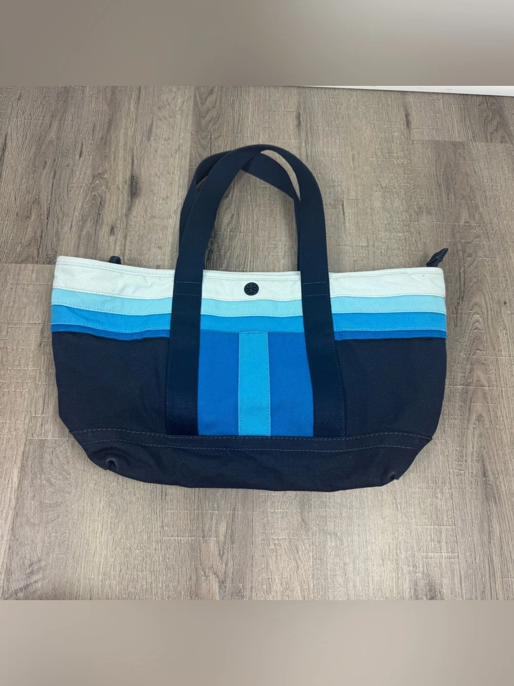 Tory Burch Colorblock Canvas Tote Bag Blue Navy Stripe Shoulder Travel Classic